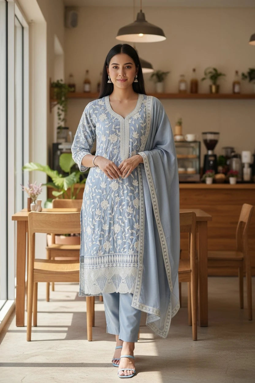 Premium Mul Cotton Parsi Embroidery Unstitched Suit with Intricate Pearl Work