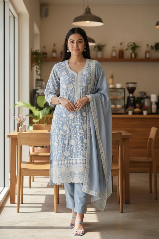 Premium Mul Cotton Parsi Embroidery Unstitched Suit with Intricate Pearl Work