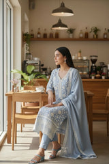 Premium Mul Cotton Parsi Embroidery Unstitched Suit with Intricate Pearl Work
