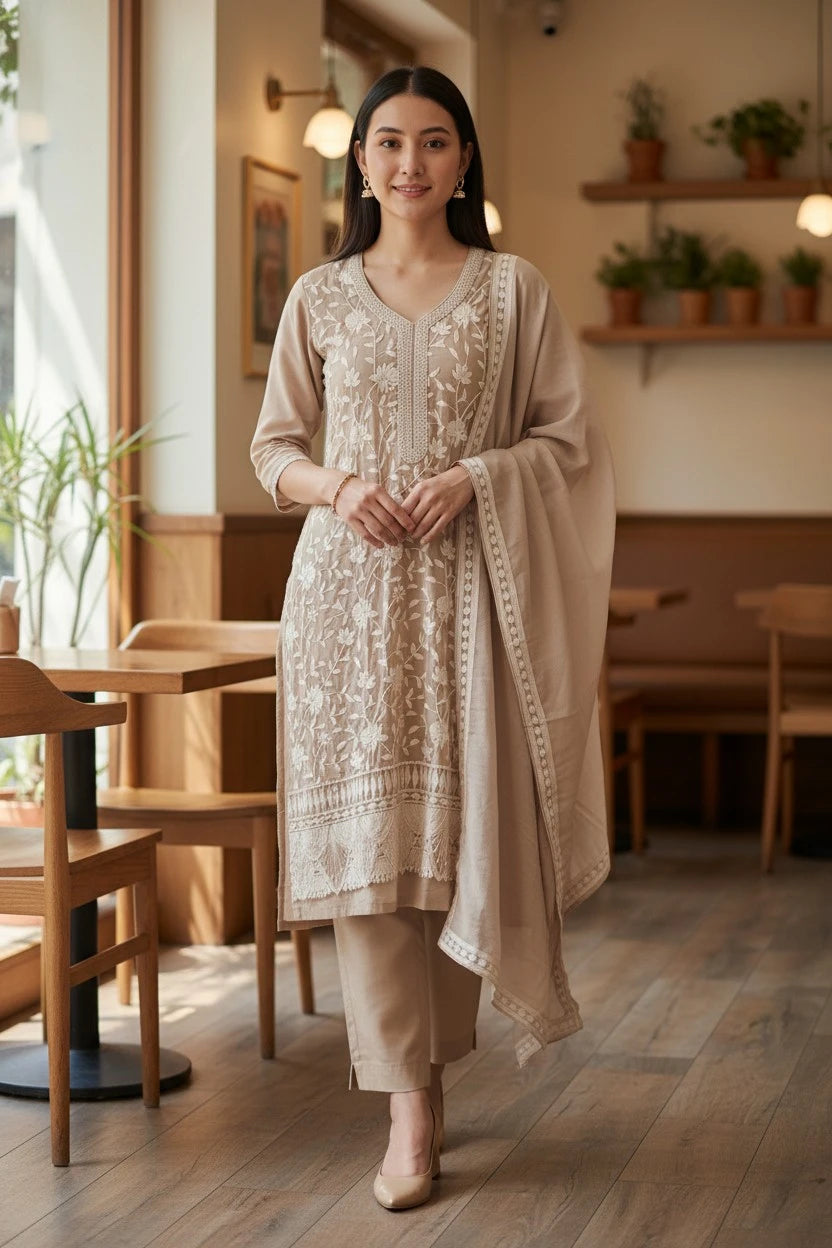 Premium Mul Cotton Parsi Embroidery Unstitched Suit with Intricate Pearl Work