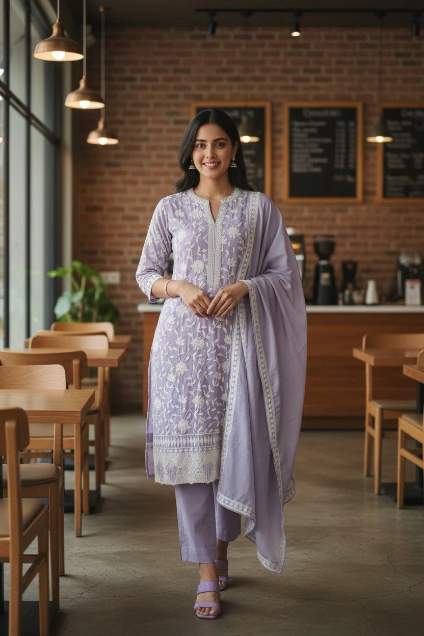 Premium Mul Cotton Parsi Embroidery Unstitched Suit with Intricate Pearl Work