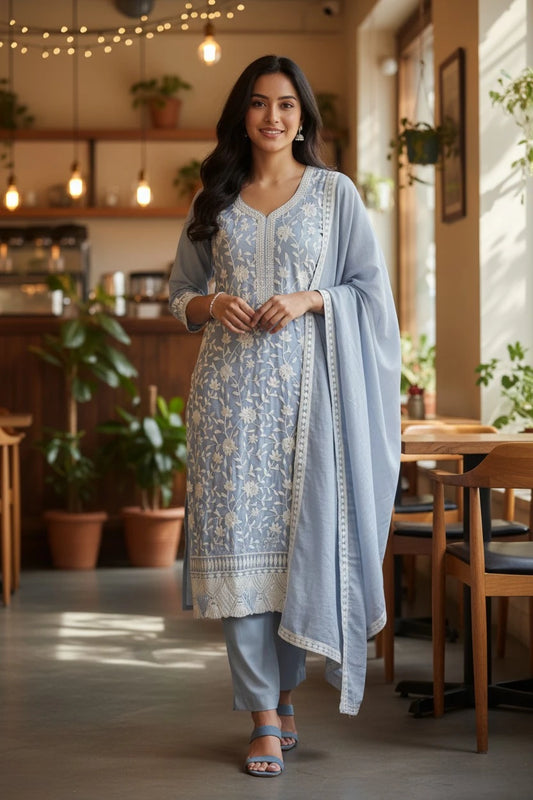 Premium Mul Cotton Parsi Embroidery Unstitched Suit with Intricate Pearl Work