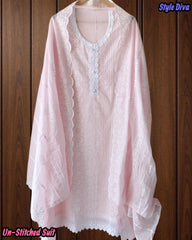 (Light Pink)- Mul Cotton Chikan-Kari Embroidered Unstitched Suit with Crochet Lacing Dupatta
