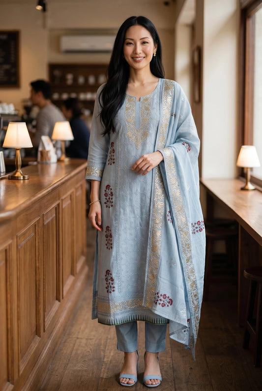 Crush Mul Cotton Block Print Unstitched Suit with Pita Embroidery Detailing