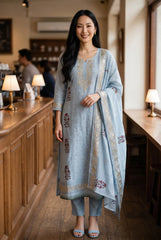 Crush Mul Cotton Block Print Unstitched Suit with Pita Embroidery Detailing