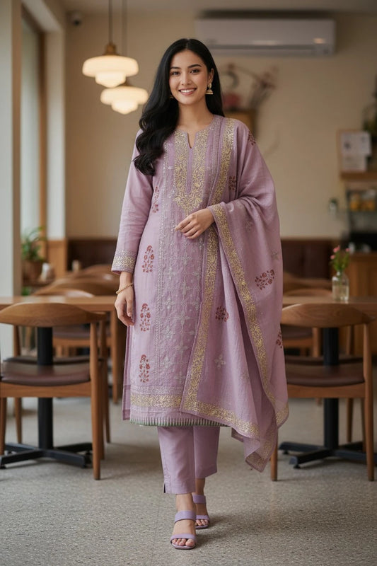Crush Mul Cotton Block Print Unstitched Suit with Pita Embroidery Detailing