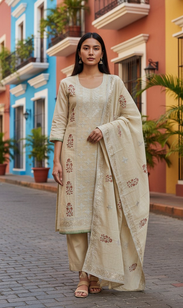 Crush Mul Cotton Block Print Unstitched Suit with Pita Embroidery Detailing