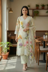 Organza Digital Print Zari Work Semi-Stitched Suit with Organza Digital Print Dupatta )