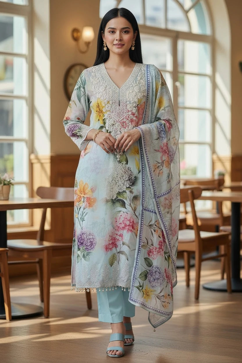 Organza Digital Print Zari Work Semi-Stitched Suit with Organza Digital Print Dupatta