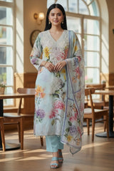 Organza Digital Print Zari Work Semi-Stitched Suit with Organza Digital Print Dupatta