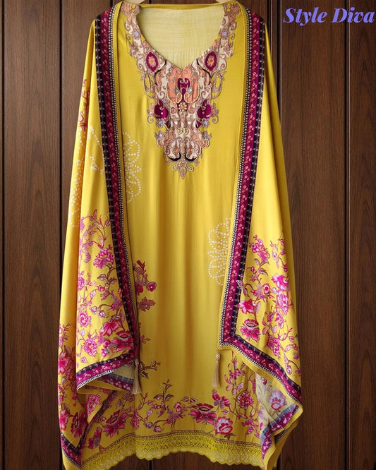 Muslin Digital Print Pearl High-Lighting Semi-Stitched Suit with Tassel Dupatta