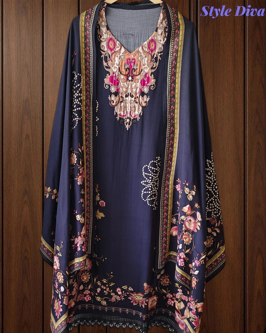 Muslin Digital Print Pearl High-Lighting Semi-Stitched Suit with Tassel Dupatta