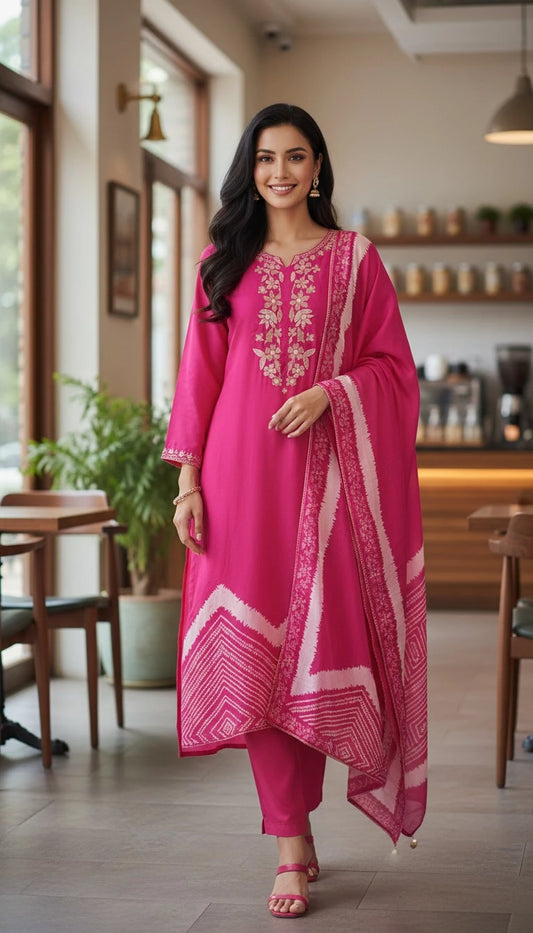 Gajji Silk Digital Print Unstitched Suit with Zari Embroidery Work Dupatta