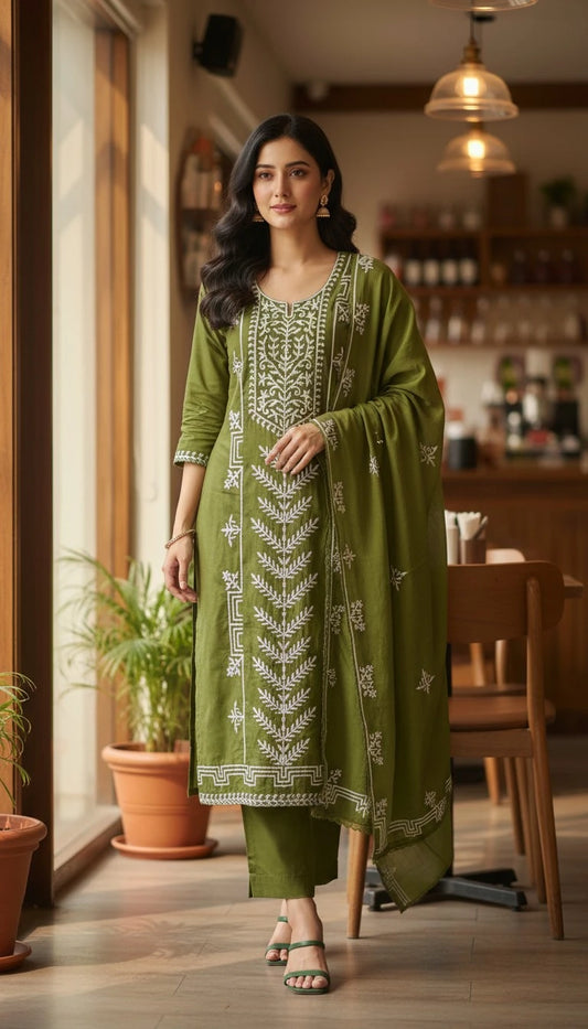 Mul Cotton Overall Applique Work Unstitched Suit with Applique Work Dupatta
