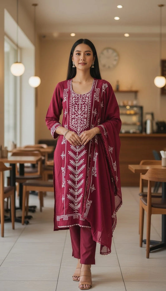 Mul Cotton Overall Applique Work Unstitched Suit with Applique Work Dupatta