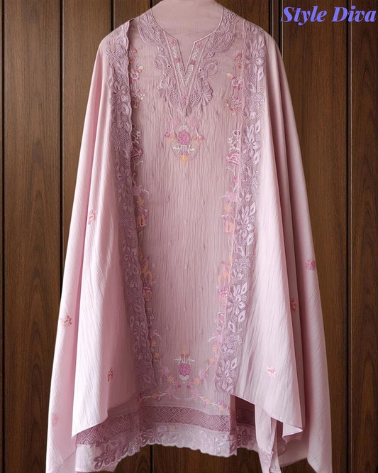 Pure Mul Cotton Cross-Stitch Embroidered Unstitched Suit with Scalloped Dupatta
