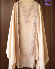 Pure Mul Cotton Cross-Stitch Embroidered Unstitched Suit with Scalloped Dupatta