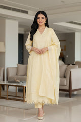 -Cotton Khadi Pakistani Style Semi-Stitched Suit with Crochet LacingWork