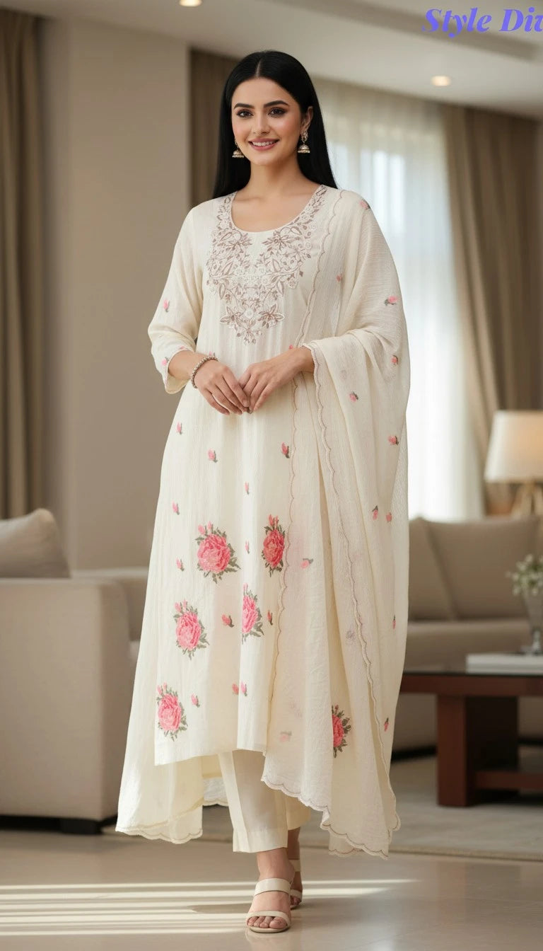 Mul Cotton Cross-Stitch Embroidered Unstitched Suit with Embroidered Dupatta