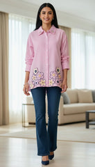 Women Casual Striped Floral 3D Embroidery Korean Shirt – Pure Cotton Regular Fit Top