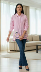 Women Casual Striped Floral 3D Embroidery Korean Shirt – Pure Cotton Regular Fit Top