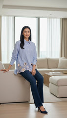 Women Casual Striped Floral 3D Embroidery Korean Shirt – Pure Cotton Regular Fit Top