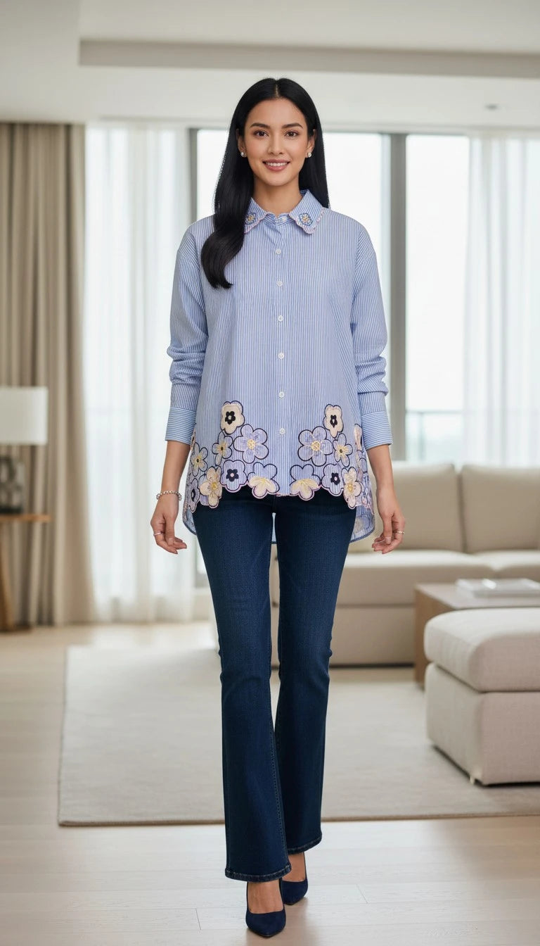 Women Casual Striped Floral 3D Embroidery Korean Shirt – Pure Cotton Regular Fit Top