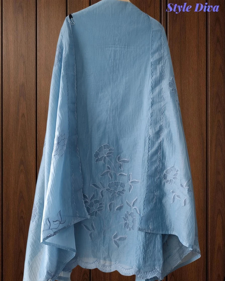 Crush Mul Cotton Overall Laser Cut Embroidery Unstitched Suit with Scalloped Embroidered Dupatta