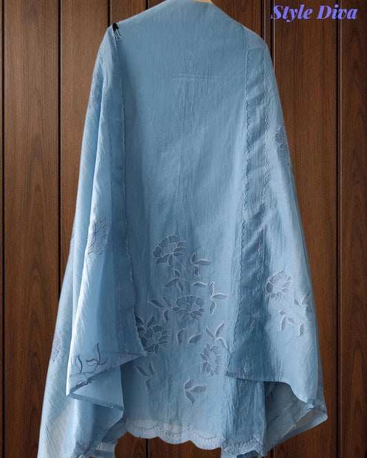 Crush Mul Cotton Overall Laser Cut Embroidery Unstitched Suit with Scalloped Embroidered Dupatta