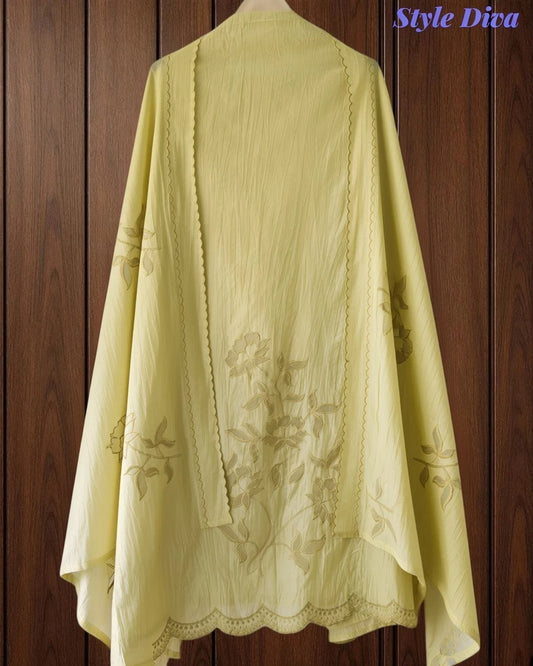 Crush Mul Cotton Overall Laser Cut Embroidery Unstitched Suit with Scalloped Embroidered Dupatta