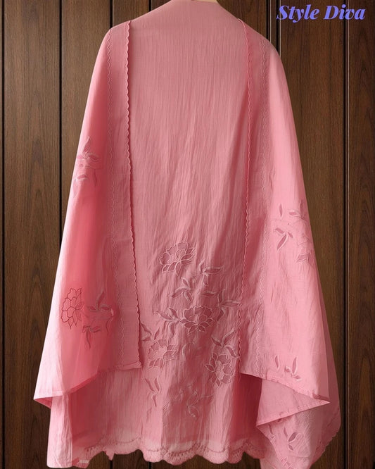 Crush Mul Cotton Overall Laser Cut Embroidery Unstitched Suit with Scalloped Embroidered Dupatta