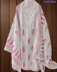 Mul Cotton Digital Print Unstitched Suit Set with Embroidered Neck & Dupatta