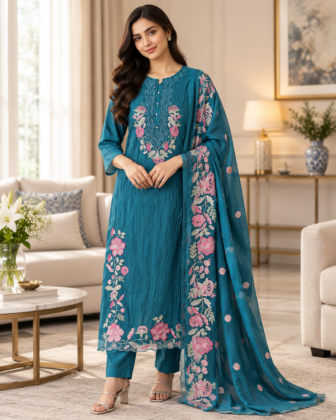 SD1151 - Mul cotton Laser Cut & Thread Embroidery Unstitched Suit with Embroidered Dupatta