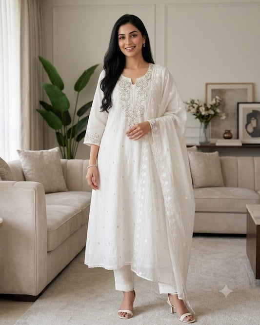 Mul Cotton Pearl & Sequin Work Unstitched Suit with Embroidered Dupatta