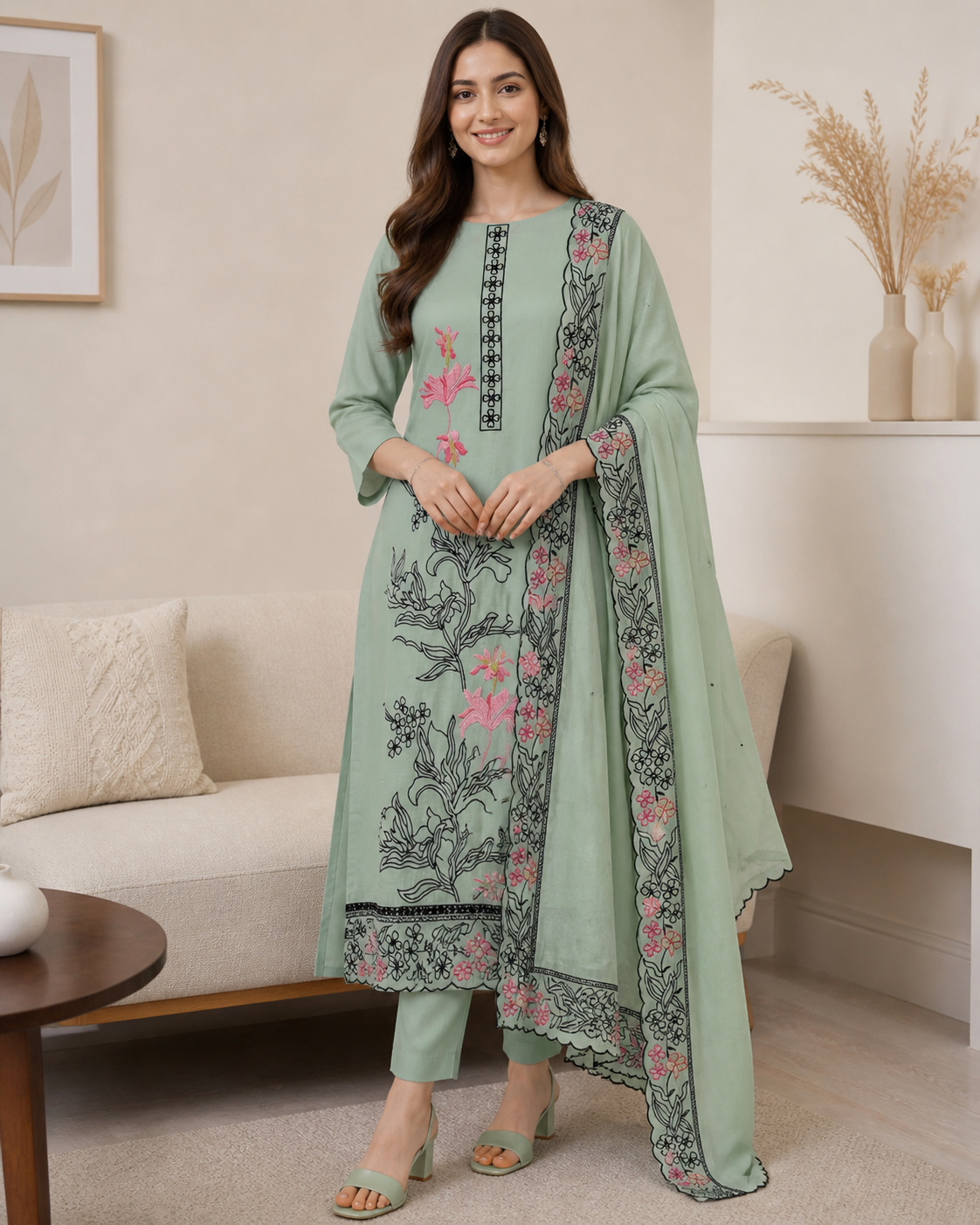Mul Cotton Embroidered Unstitched Suit with Pearl Highlighting Dupatta