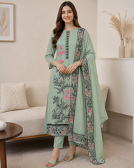 Mul Cotton Embroidered Unstitched Suit with Pearl Highlighting Dupatta