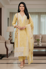 Soft Cotton Digital Print Suit with Daman Lacing & Pearl Highlights