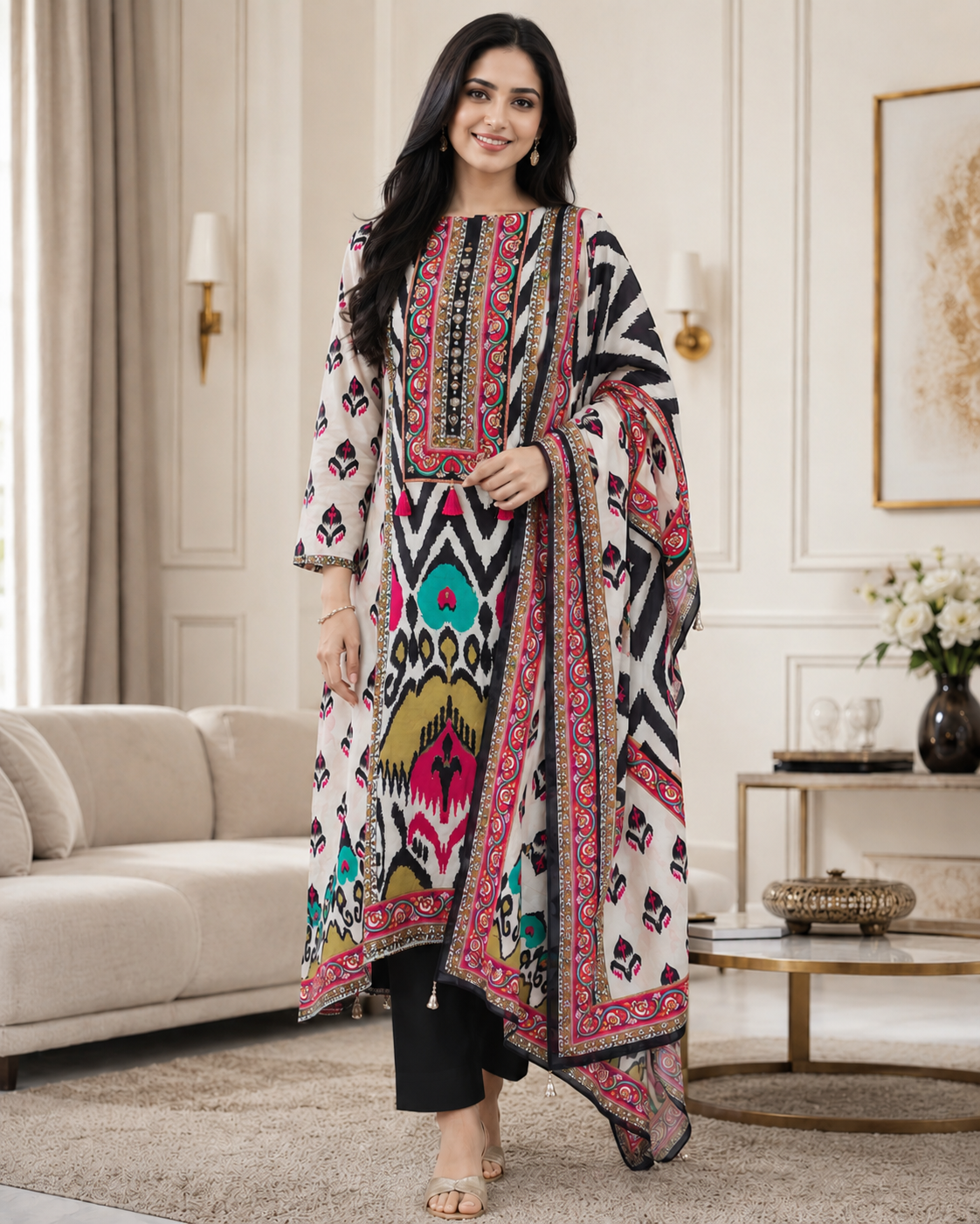 Muslin Digital Print Unstitched Suit with  High-Lighting pearl work n original mirror work