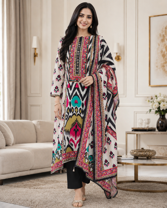 Muslin Digital Print Unstitched Suit with  High-Lighting pearl work n original mirror work