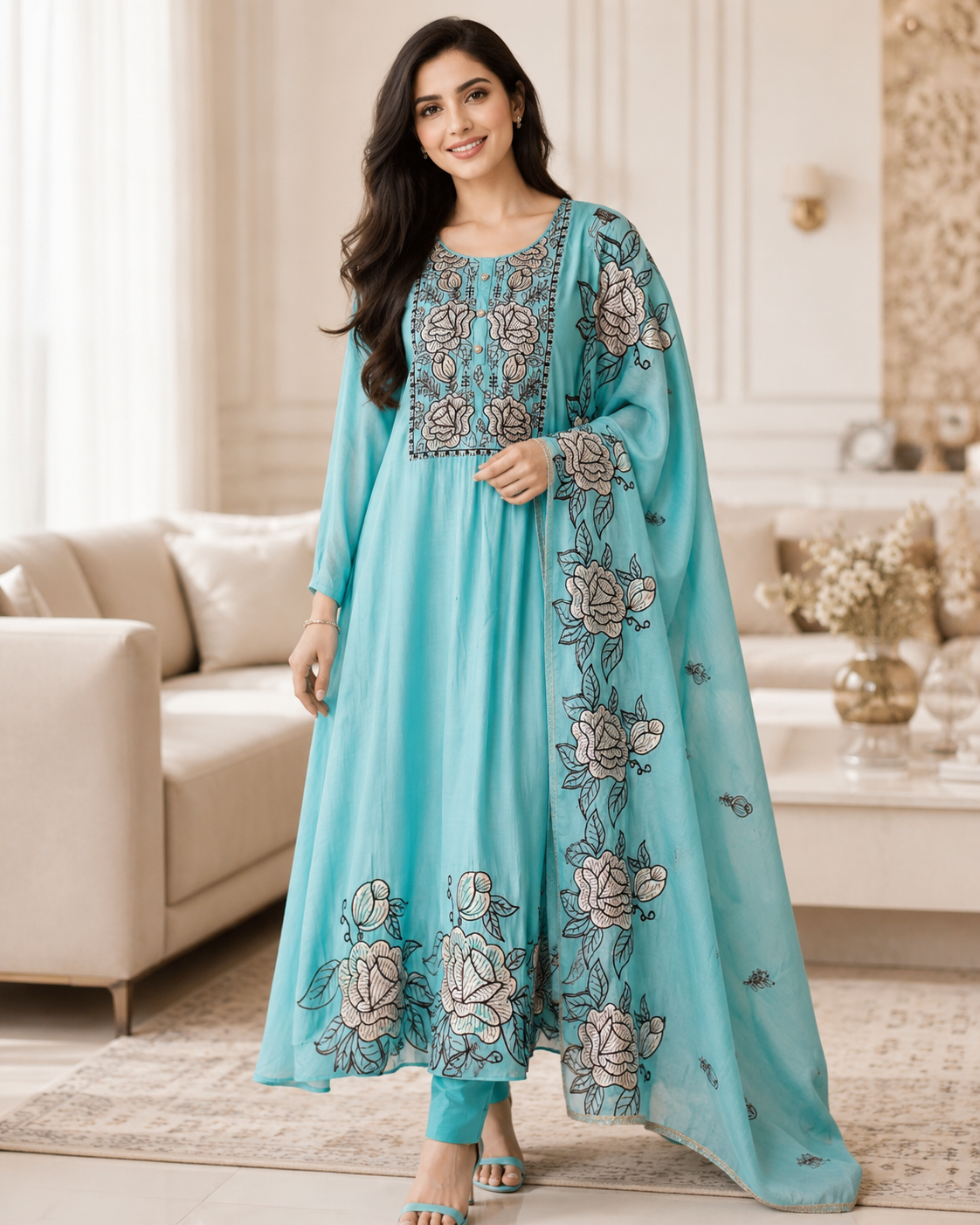 Mul Cotton Gotta Work & Scalloped Embroidery Un-Stitched Suit with Scalloped Dupatta