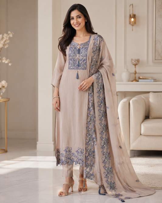 Mul Cotton Gotta Work & Scalloped Embroidery Un-Stitched Suit with Scalloped Dupatta