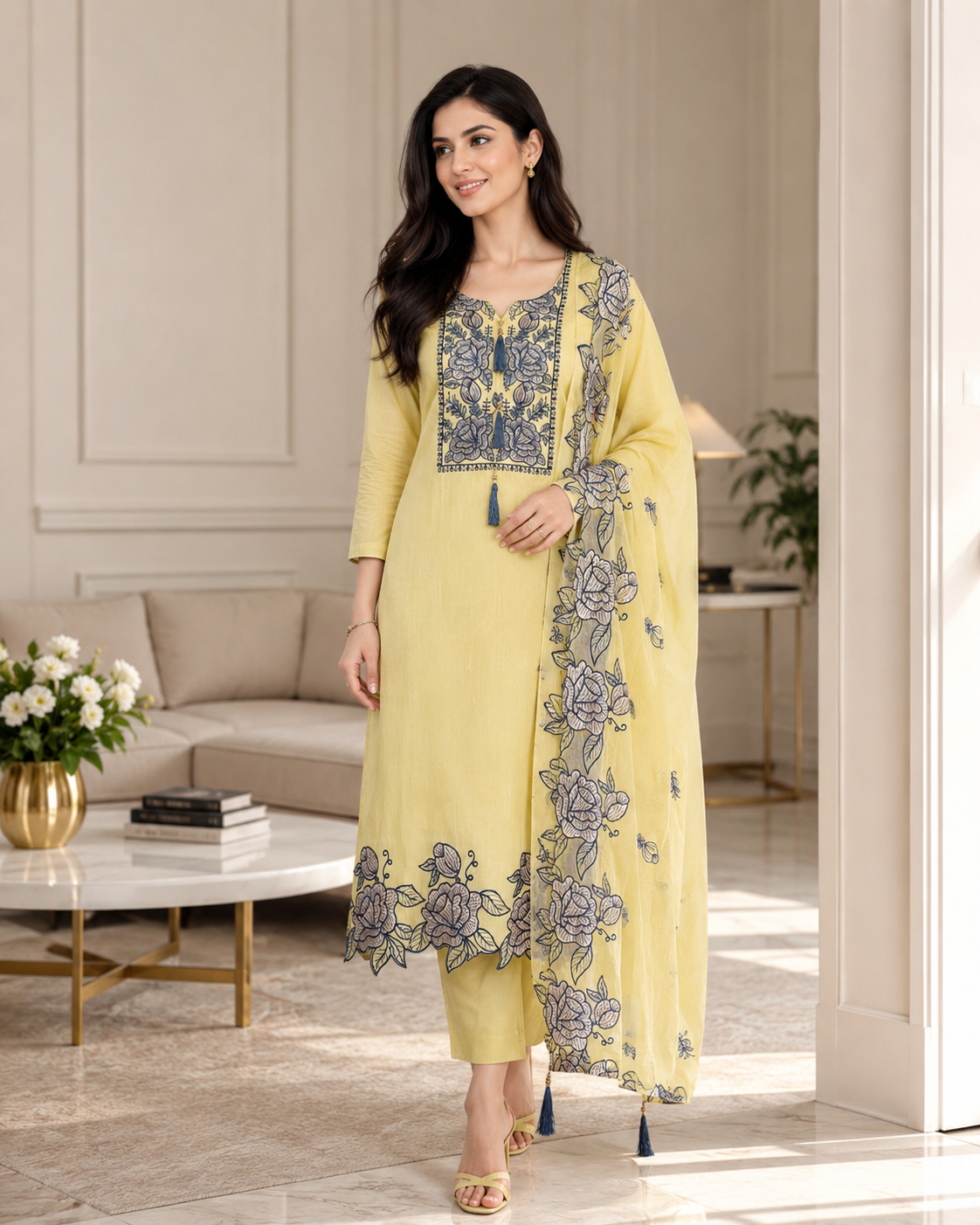 Mul Cotton Gotta Work & Scalloped Embroidery Un-Stitched Suit with Scalloped Dupatta