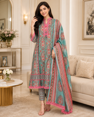 Jaam Cotton Digital Printed Crochet Lacing Unstitched Suit with Mul Cotton Dupatta