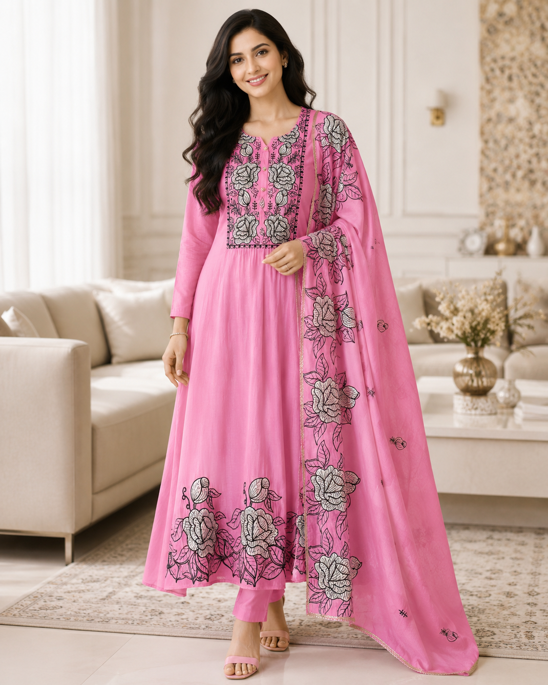 Mul Cotton Gotta Work & Scalloped Embroidery Un-Stitched Suit with Scalloped Dupatta