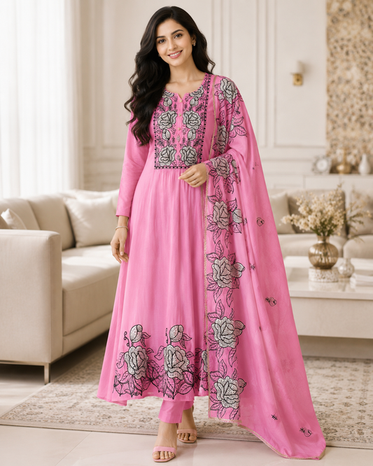 Mul Cotton Gotta Work & Scalloped Embroidery Un-Stitched Suit with Scalloped Dupatta