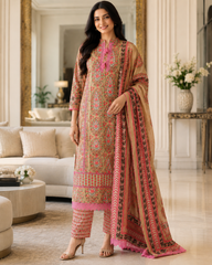 Jaam Cotton Digital Printed Crochet Lacing Unstitched Suit with Mul Cotton Dupatta