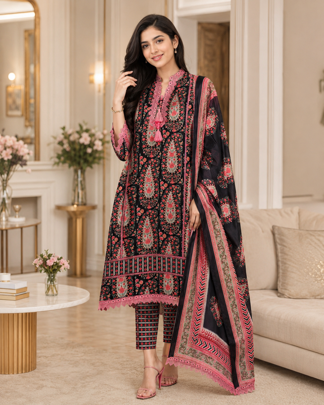 Jaam Cotton Digital Printed Crochet Lacing Unstitched Suit with Mul Cotton Dupatta