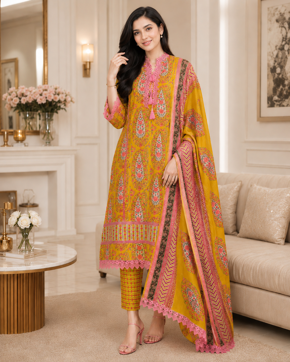 Jaam Cotton Digital Printed Crochet Lacing Unstitched Suit with Mul Cotton Dupatta