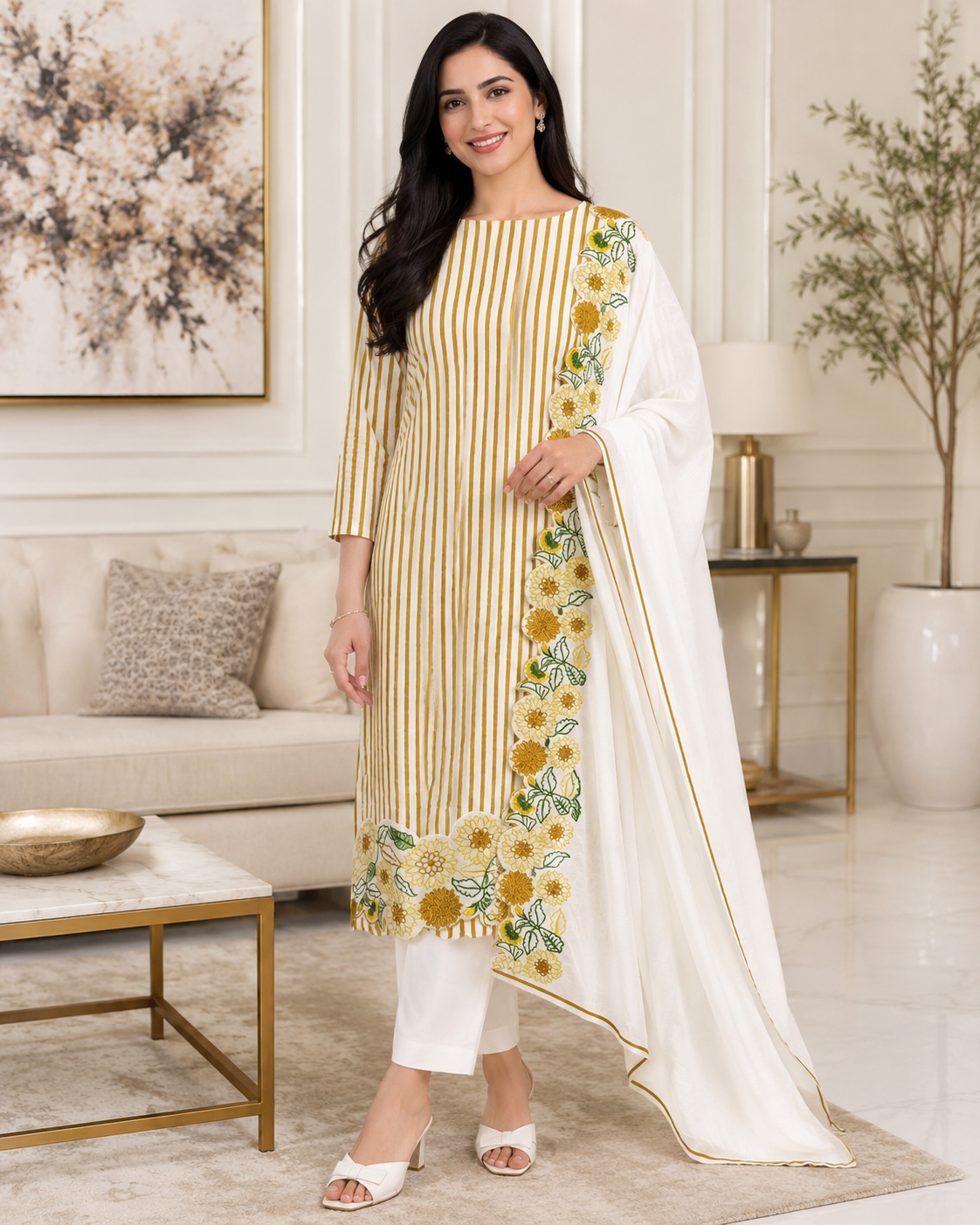 Cotton Printed Daman Embroidery Work Unstitched Suit with Muslin Scalloped Dupatta )