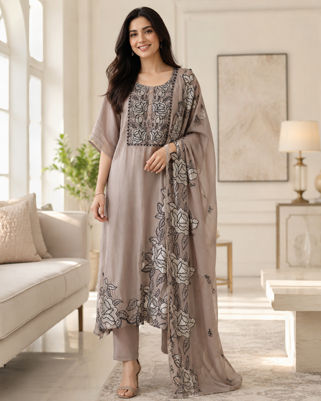 Mul Cotton Gotta Work & Scalloped Embroidery Un-Stitched Suit with Scalloped Dupatta